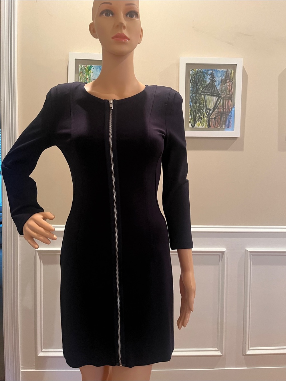 Theory Navy Zip-Front Long Sleeve Dress